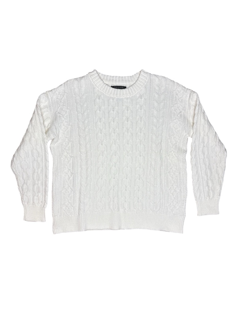 Tahari 100% Cotton White Cable Knit Crewneck Sweater